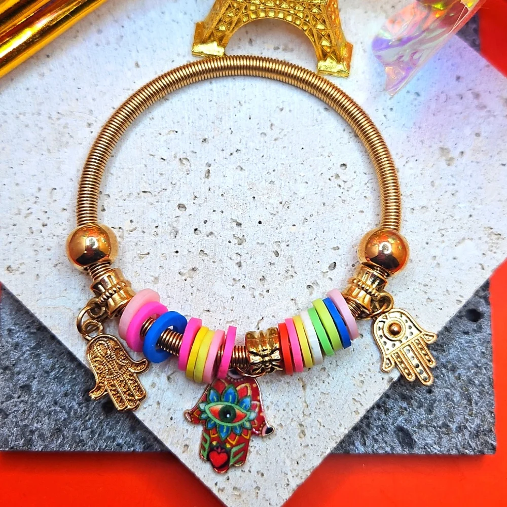 Hamsa Hand Charm Coil Bracelet Multi Charm Gold Bracelet - Brand New - Picture 2 of 3